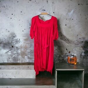 𝅺MANGA Italia Red Lagenlook Asymmetrical Silk Viscose Puff Sleeve Dress Size 2/M